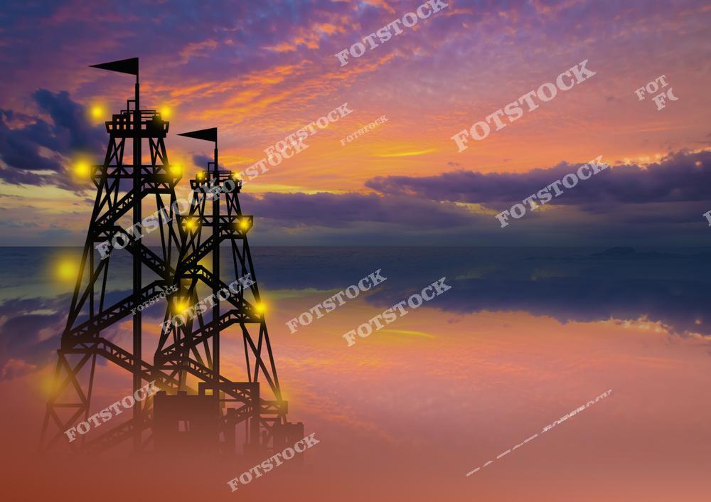 Визуализация нефтяной вышки на фоне заката с ярко окрашенным небом и отражением в воде. Пейзаж показывает красные и оранжевые оттенки заката, подчеркивающие контуры вышки, освещенной множеством мелких огней.